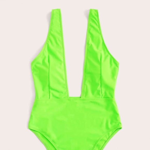 Neon Lime Plunge Neck One Piece Swimsuit - Picture 1 of 2